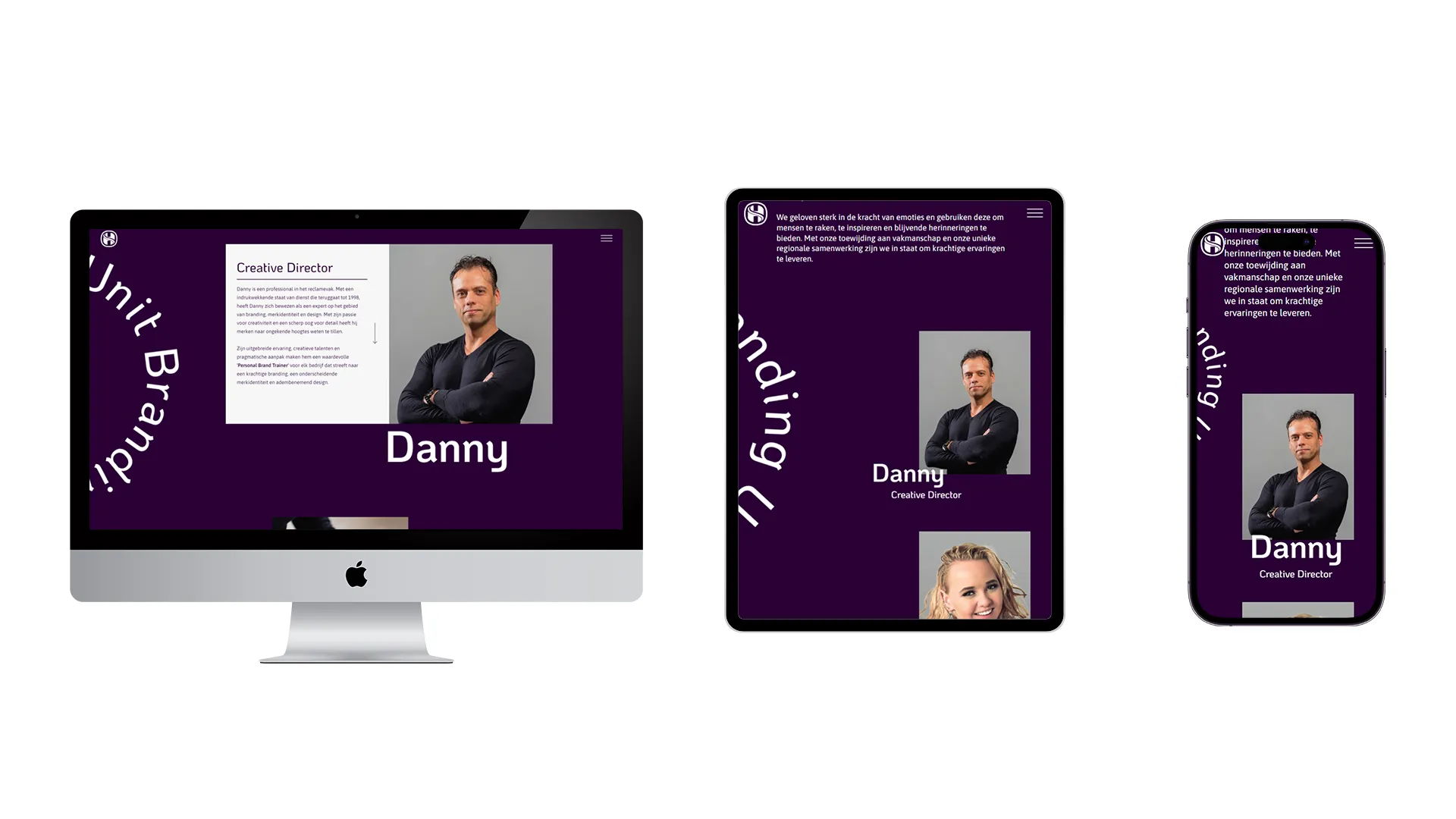 De website van Hollands Schoon op desktop, tablet en smartphone, met een teampagina in donkerpaars