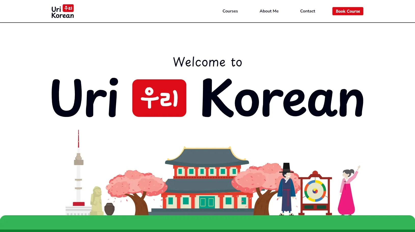 Homepage van urikorean.org met "Welcome to Uri Korean", het rode 우리-logo en een illustratie van Koreaanse bezienswaardigheden